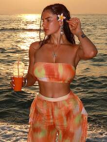 Swim SXY 3pcs/Set Tie Dye Floral Ruffle Hem Pants, Gradient Dye Kimono & Bikini, Beach Holiday Outfit - Burnt Orange - View 1