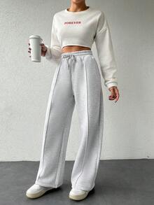 EURMUSE Cotton Women's Wide Leg Sweatpants With Tie Waist - Light Grey - View 4