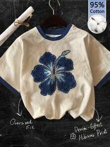 Tseoso 95%纯棉休闲简约蓝色花卉圆领短袖宽松女式T恤，米色杏色和宝蓝色撞色设计 - 春夏芙蓉花T恤，柔美少女风，适合学校、宿舍、海滩、度假和休闲外出穿着 - 彩色 - 查看 8