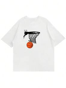Versatile Baggy Short Sleeve T-Shirt With Fun Basketball Print, Ideal For Vacation, Work And Use - White 2 - View 3