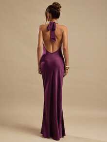 SHEIN BAE Plum Color Ruched Draped Neck Elegant Fitted Maxi Satin Dress, Suitable For Bridesmaid, Social Events, Weddings, Brunch, Summer Mauve Formal Dress Sexy Long Dress Deep V Dress Purple Formal Dress Women - Burgundy - View 1
