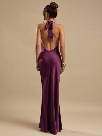 SHEIN BAE Plum Color Ruched Draped Neck Elegant Fitted Maxi Satin Dress, Suitable For Bridesmaid, Social Events, Weddings, Brunch, Summer Mauve Formal Dress Sexy Long Dress Deep V Dress Purple Formal Dress Women
