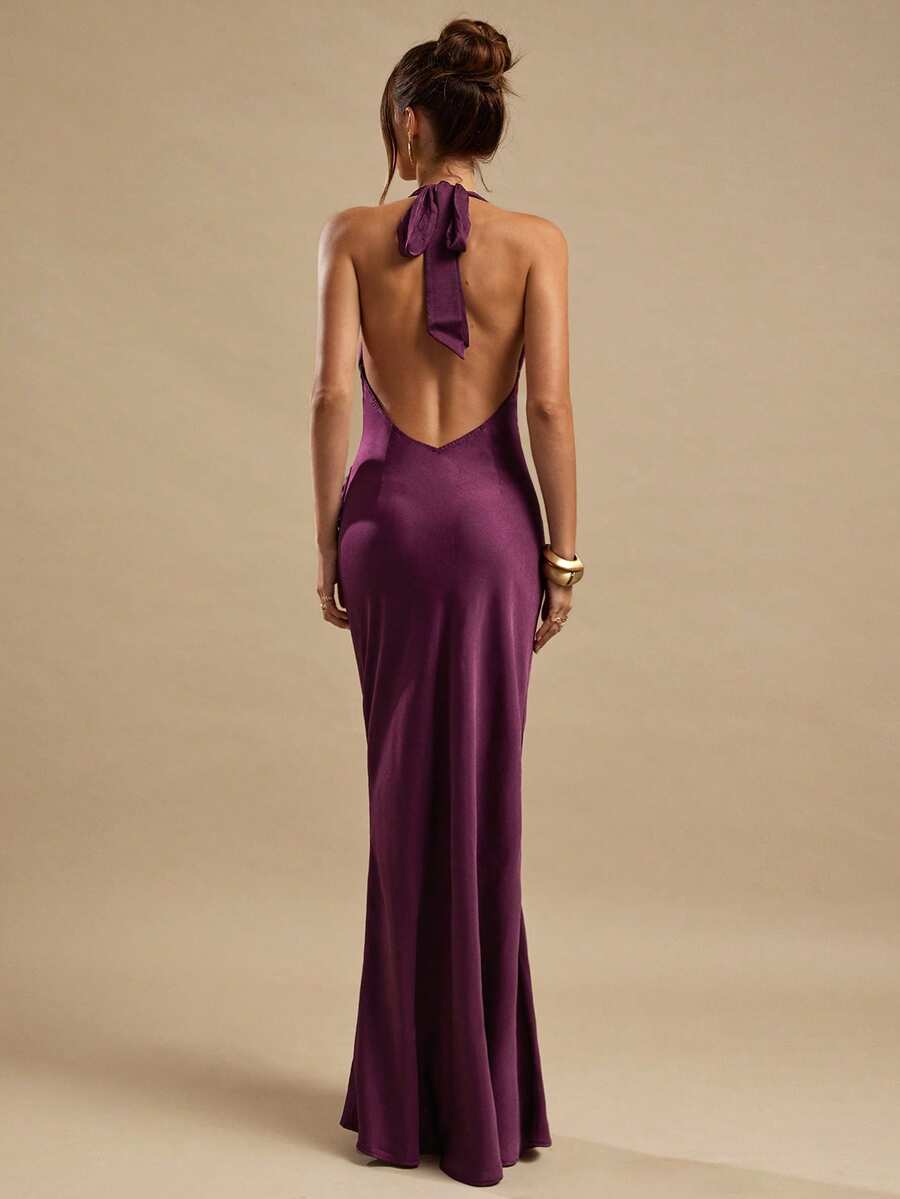 SHEIN BAE Plum Color Ruched Draped Neck Elegant Fitted Maxi Satin Dress, Suitable For Bridesmaid, Social Events, Weddings, Brunch, Summer Mauve Formal Dress Sexy Long Dress Deep V Dress Purple Formal Dress Women - Burgundy - View 1