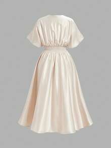 SHEIN MOD Plus Size Solid Color V-Neck Ruched Waist Elegant Satin Dress Summer Dress Wedding Guest Dress For Women Birthday Dresses For Women Elegant Dresses For Women Elegant Commuter Dress Satin Midi Dress Elegant Midi Dress Champagne Women Dresses Tea Length Dress Silk Dresses,Valentine's Day Dress