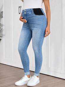 SHEIN Maternity Fashion Casual Washed Slant Pocket Skinny Jeans - Light Wash - View 6