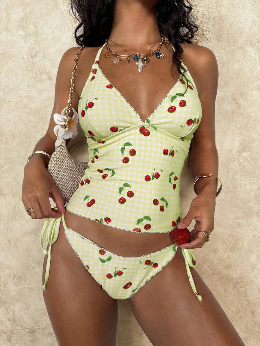 Swim Glamine Sweet Cherry Plaid Bikini Set - Light Yellow - View 1