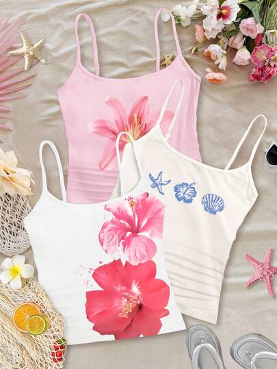 休闲度假热带花卉图案，包括芙蓉花、鸡蛋花、海星和珍珠贝壳沙滩场景，少女修身休闲运动露背短款上衣，基础款三件装，白色、浅粉色、浅蓝色可选。