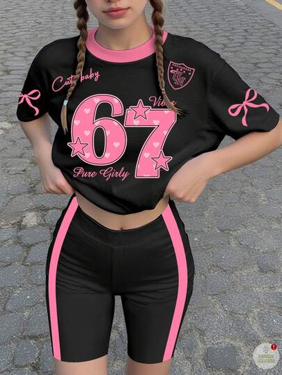 2件套少女休闲简约个性时尚创意简约67标语芭蕾蝴蝶结印花宽松短袖T恤和修身短裤，适合夏季、返校、旅行