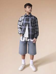 SUMWON Boys Denim Number Print Graphic Jorts Wide Leg Knee Length Summer Casual Shorts Bleach Wash - Light Wash - View 3