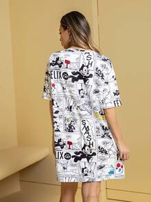 SHEIN Felix The Cat Women's Comfortable Cartoon Pattern Round Neck Short Sleeve Sleep Dress, Summer - Multicolor - View 2