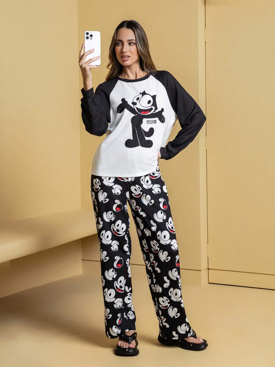 SHEIN Felix The Cat 女士秋季猫咪印花撞色插肩袖上衣和裤子睡衣套装 - 黑與白 - 查看 1