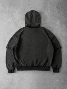 ROMWE MEN Men's Vintage Washed Hoodie With 2 In 1 Design, Loose Fit - Black - View 2