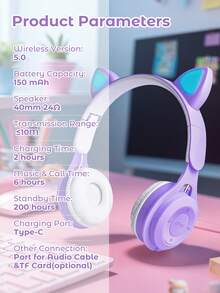 Teckwe 可折叠无线猫耳耳机，变色猫耳无线耳机，内置麦克风，触控操作，超长续航，适合儿童/送礼 - 均碼 - 查看 8