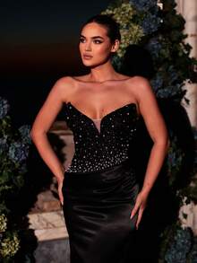 Glamrae Elegant Black Sequin Fabric Satin Patchwork Rhinestone Decor Mermaid Tail Hem Trailing Formal Dress, Fashion For Party,Wedding,Birthday - Black - View 2