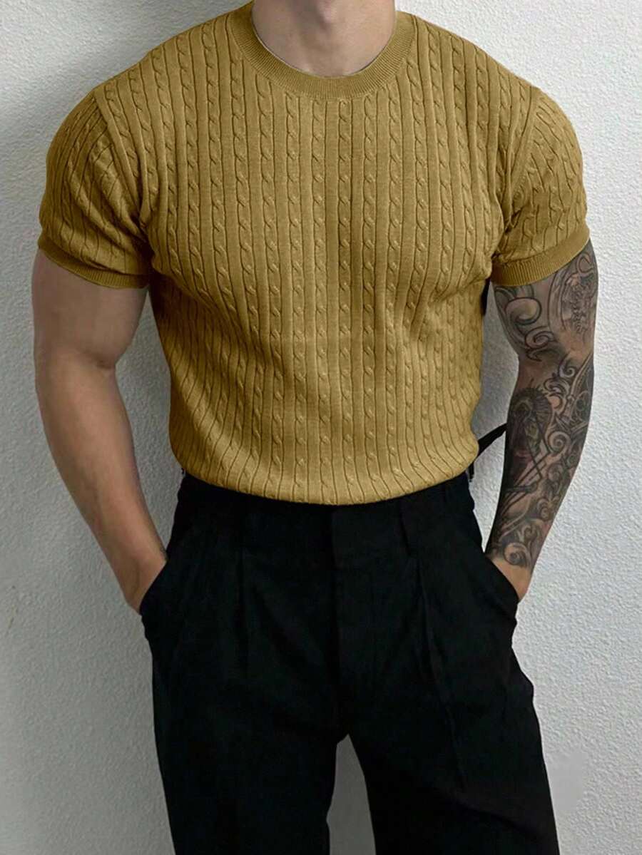 Manfinity Homme Áo thun nam tay ngắn dệt kim màu trơn thời trang thường ngày - Màu Mù tạt vàng - Xem 1