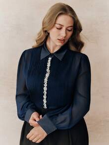 Anewsta 大码女式春季翻领长袖门襟水钻链条装饰衬衫，优雅、别致、时尚、正式、适合工作场合 - 藏蓝色 - 查看 3