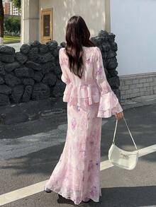 DAZY Women's V-Neck Ruffle Flare Sleeve Tie Front 2 Pieces Set, Summer - Purple - View 2