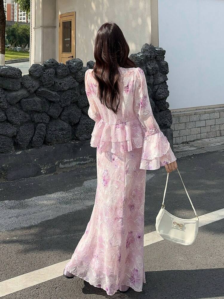 Women's V-Neck Ruffle Flare Sleeve Tie Front 2 Pieces Set, Summer