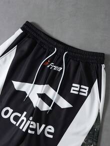 PAVTROS 男士休闲运动短袖T恤短裤套装（2件套），宽松落肩T恤，抽绳腰带短裤，针织运动裤，树枝迷彩，时尚数字，迷彩交通堵塞图案，时尚运动，街头运动，日常休闲，户外运动，返校通勤，男友礼物，节日礼物 - 黑色 - 查看 4