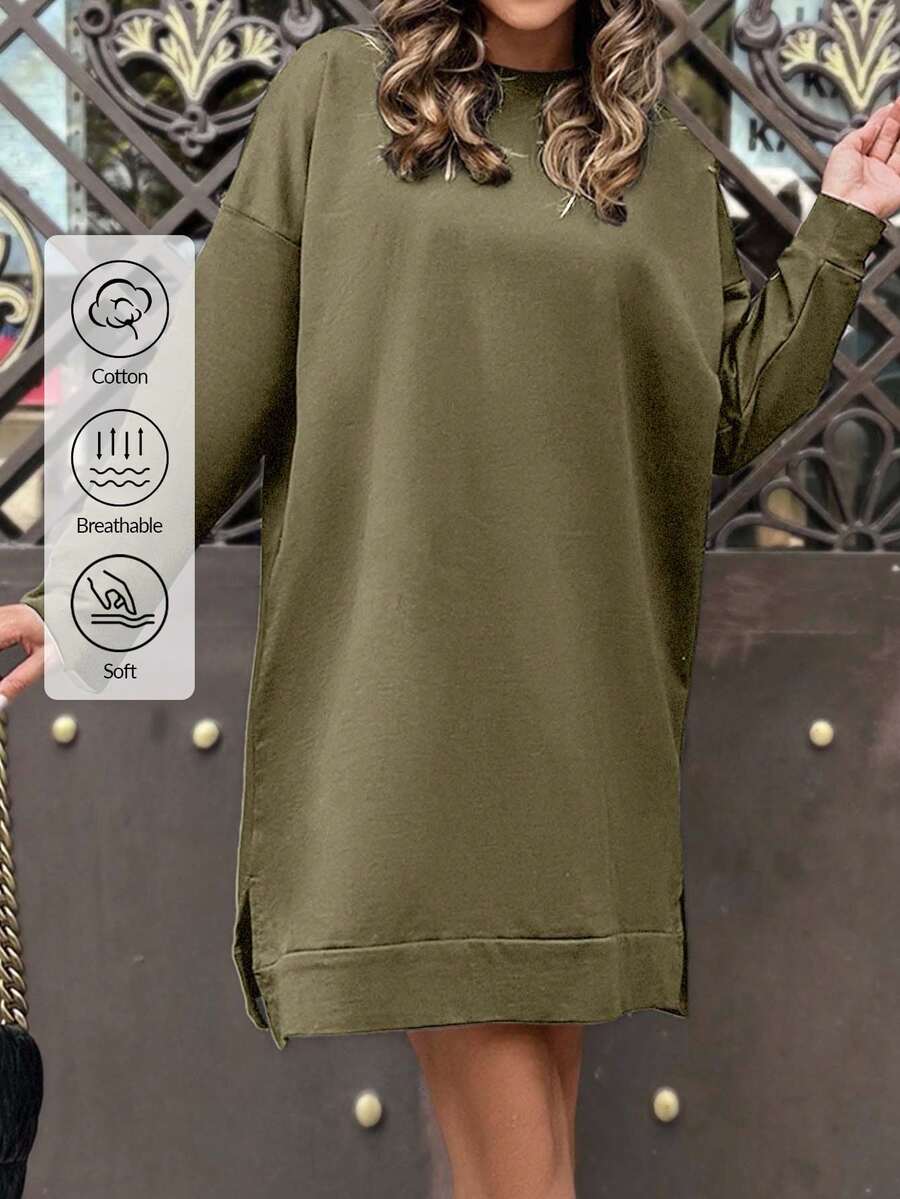 EURMUSE Cotton Solid Drop Shoulder Split Hem Sweatshirt Dress - Army Green - View 1