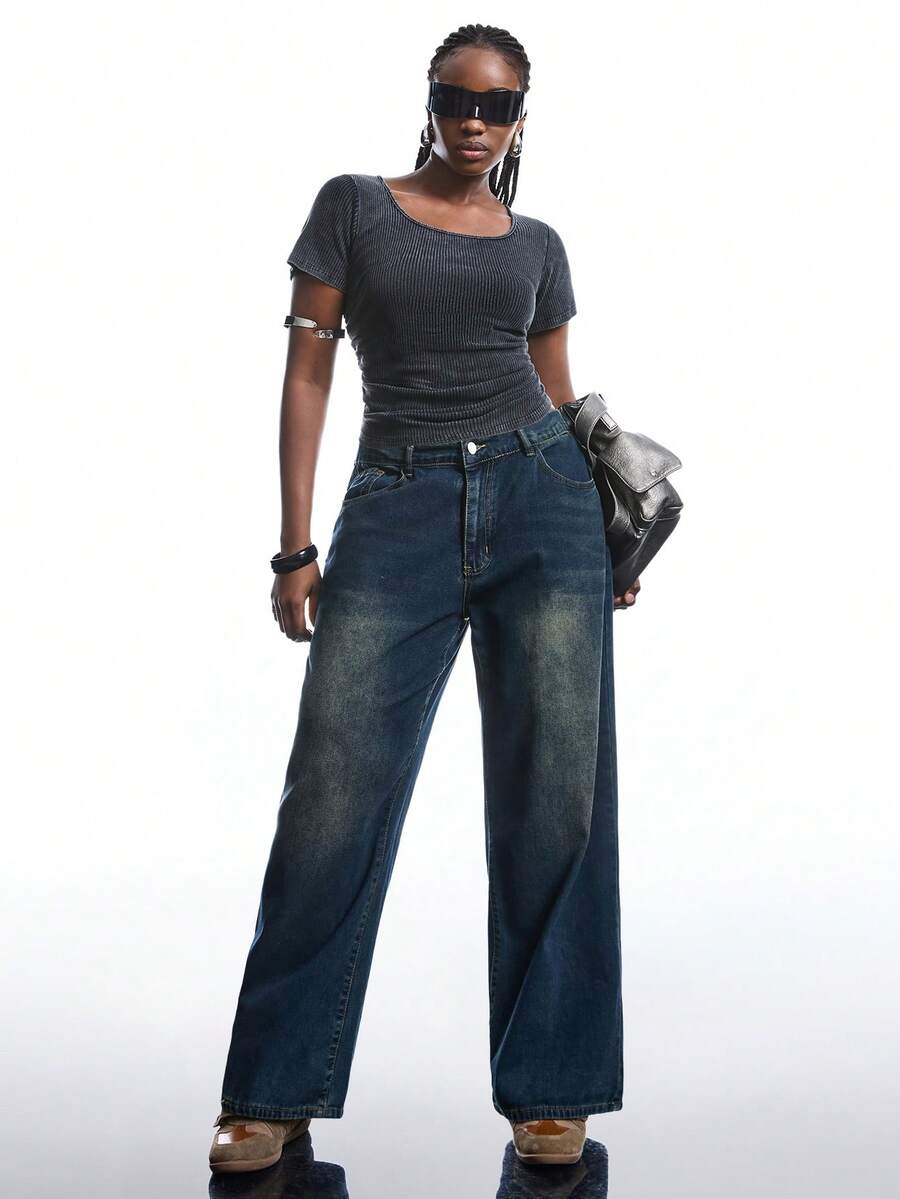 LYSMO Tricou cu mânecă scurtă, cu mânecă scurtă, cu talie încrețită, cu pliuri