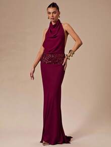 SHEIN BAE Burgundy Backless Sequin Patchwork Dress, Sexy Backless Gown Suitable For Cocktail Party, Romantic Date, Gathering, Wedding Bridesmaid, Night Out Evening Dress Elegant Evening - Burgundy - View 7