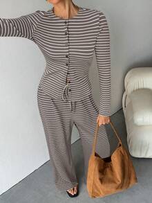 SHEIN Tall 两件套女士休闲条纹印花纽扣T恤和抽绳阔腿裤套装，适合春夏穿着 - 彩色 - 查看 7