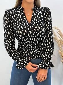 EURMUSE Cotton Allover Print Notched Neck Flounce Sleeve Blouse - Black and White - View 5
