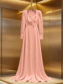 Franclia Đầm dệt kim cỡ lớn cổ thuyền, eo thon, tay phồng, dáng xòe, thích hợp cho mùa Thu/Đông. - Hồng - Xem 1