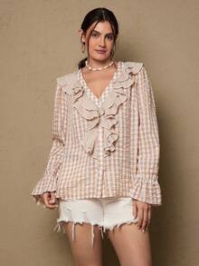 Freevana Blusa de manga larga con cuello de volantes, estampado de tartán y patchwork, estilo bohemio elegante y vintage, adecuada para festivales de música a principios de primavera, tallas grandes - Caqui - Ver 5