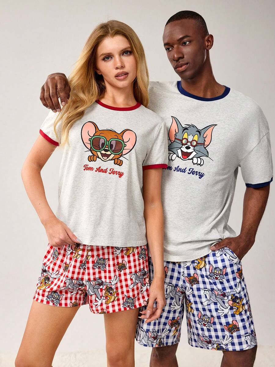 TOM & JERRY X SHEIN Men's Comfortable Cartoon Pattern Trim Short Sleeve T-Shirt And Shorts Loungewear Set, Summer - Light Grey - View 1
