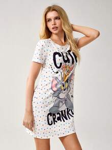 TOM & JERRY X SHEIN Women's Letter & Cartoon Pattern Round Neck Short Sleeve Nightgown - White - View 4