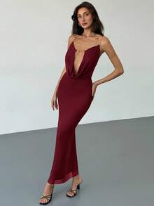 Aloruh Đầm Maxi Ôm Body Cổ Sâu Hở Lưng Màu Tím Mận Lưới Gợi Cảm Cho Tiệc Tùng, Lễ Hội Âm Nhạc - Đỏ - Xem 3