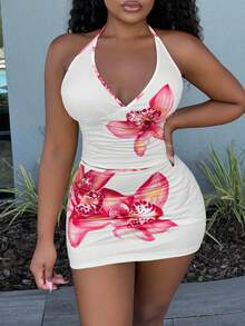 Alexandranx Damen 2 Stücke Set mit Blume Muster, bestehend aus Trägertop und Mini-Rock, geeignet für Strand/Urlaub