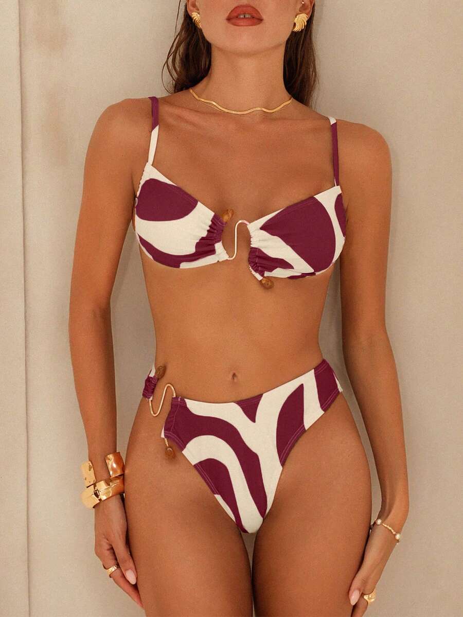 Swim Chiccia Bộ bikini nữ thanh lịch, lãng mạn, trang trí bằng acrylic và kim loại, họa tiết hình học, thích hợp cho kỳ nghỉ trên đảo. - Nhiều màu - Xem 1
