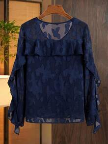 Lacomfia Plus Size Navy Jacquard Chiffon Blouse, Elegant Ruffle Trim Loose Fit Top - Blue - View 2