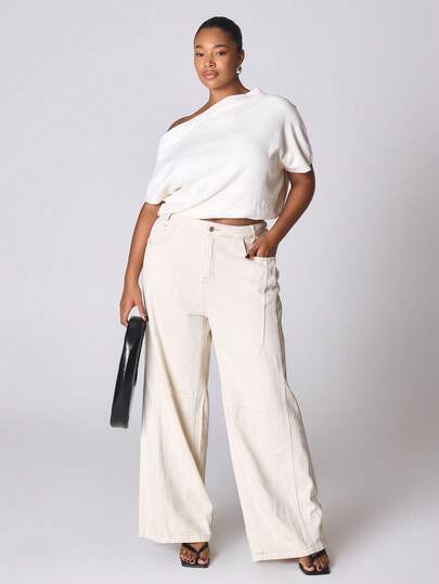 MUSERA Plus Woven Stretch Knit Asymmetrical Shoulder Short Sleeve Elasticated Top , , Winter, Cool Girl, Cosy, Everyday