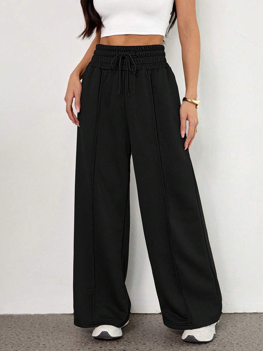 SHEIN PETITE Solid Drawstring Waist Sweatpants Graduation,Back To School Outfits,Graduation,Teacher Outfits For Women,Back To School - Black - View 1