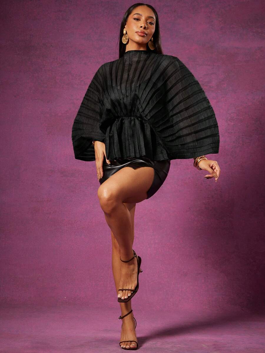Vixey Sheer Mock Neck Long Sleeve Peplum Hem Pleated Textured Organza Top - Black - View 1