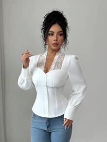 SHEIN Elenzya 女士优雅精致深V领收腰灯笼袖蕾丝拼接时尚办公白衬衫 - 白色 - 查看 3