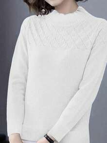 SHEIN LUNE Women's Casual Solid Color Round Neck Long Sleeve Sweater, Autumn Knit Pullover Fall Winter - White - View 3