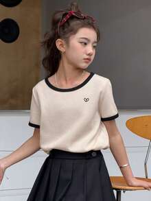 DAZY Tween Girls Round Neck Knit Heart Embroidery Contrast Color Short Sleeve T-Shirt Summer - Apricot - View 7