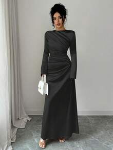 Rafferiza Đầm satin dệt kim ôm dáng thanh lịch với thiết kế xếp ly phía trước, tay áo loe, màu hồng nhạt, phù hợp cho tiệc tùng hoặc mặc hàng ngày, mùa thu/đông. - màu đen - Xem 4