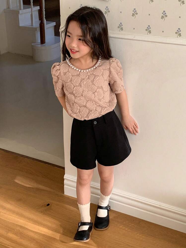 Young Girl Solid Color Waist Button Design Casual Loose Shorts