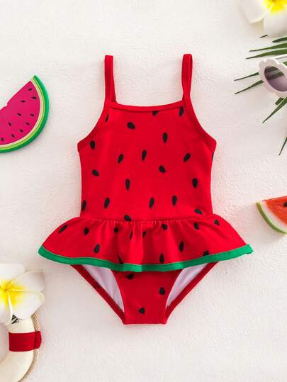SHEIN Traje de baño de una pieza sin mangas con volantes y diseño de sandía para recién nacidos