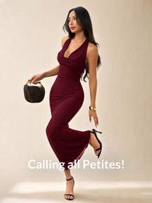 SHEIN PETITE Đầm dài nữ màu trơn, chất liệu lưới, cổ xếp ly, kiểu dáng thanh lịch, thích hợp cho các buổi hẹn hò mùa thu/đông, phù hợp cho trang phục đi nghỉ mát. - Màu đỏ tím - Xem 8