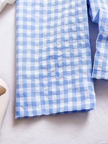 SHEIN Bộ đồ 2 món cho bé gái sơ sinh/trẻ nhỏ 0-3 tuổi, gồm áo thun kẻ sọc dễ thương có nơ và quần kẻ sọc, màu xanh Morandee, thích hợp cho mùa xuân/hè. - Màu xanh lam - Xem 8