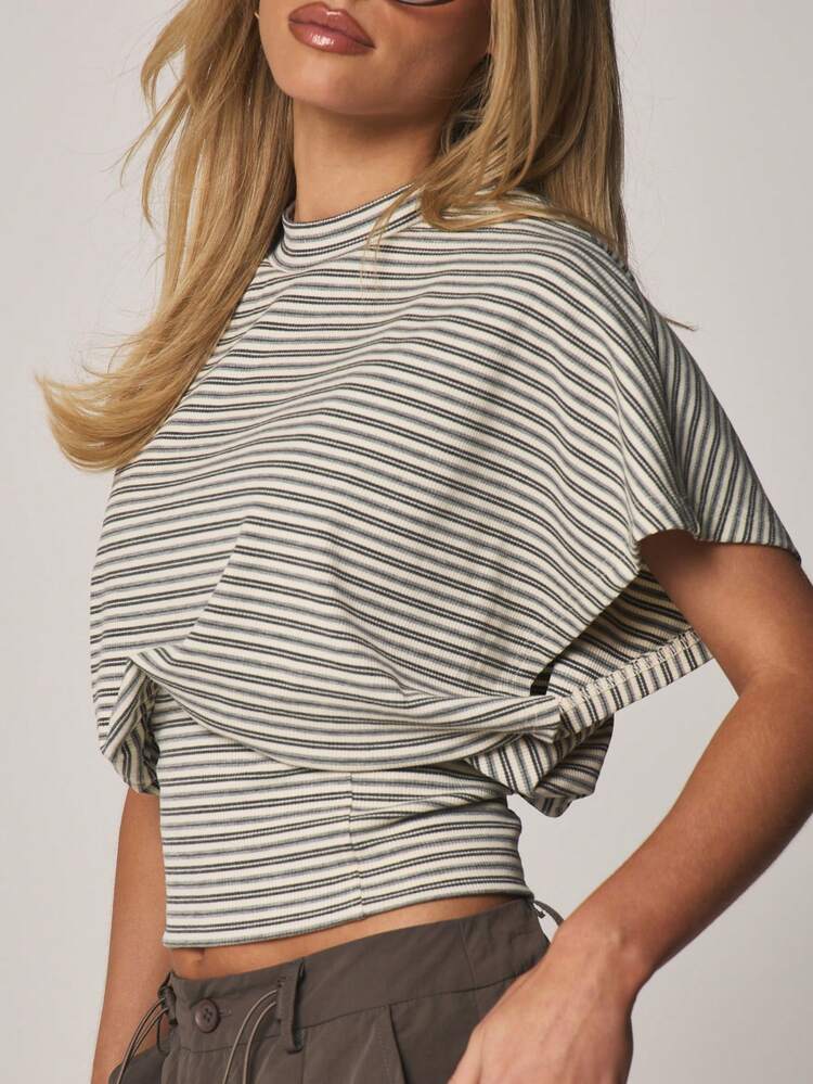 MISSGUIDED Women Striped Short Sleeve Cinched Waist Ribbed Top Casual Summer Blouse