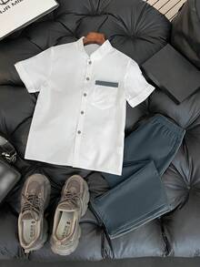 SHEIN 2pcs/Set Teenage Boys' Casual School Style Simple White Shirt And Pants Outfit - Grey - View 10