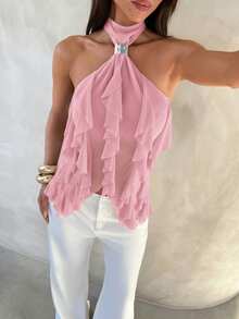 Aloruh 女士优雅多层荷叶边立领修身背心 - 粉色 - 查看 6